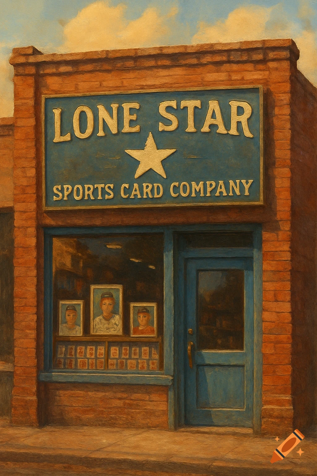 A brick storefront with a blue sign reading "Lone Star Sports Card Company". Framed pictures and cards are in the window.