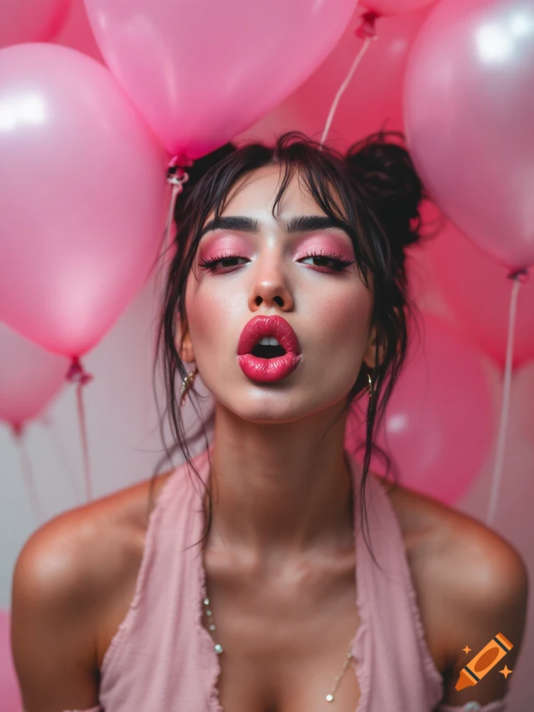 A woman with pink makeup pouting among pink balloons.