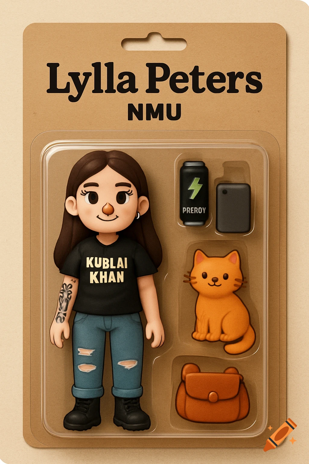 Cartoon action figure of a girl with a cat and accessories in toy packaging.