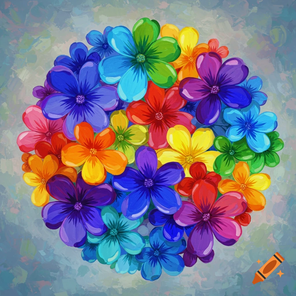 A circular arrangement of rainbow colored flowers.