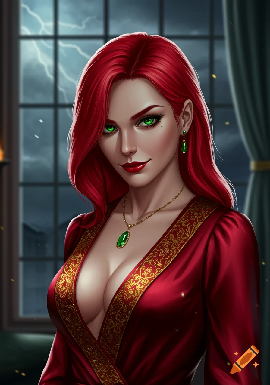 A woman with red hair and green eyes in a red dress.
