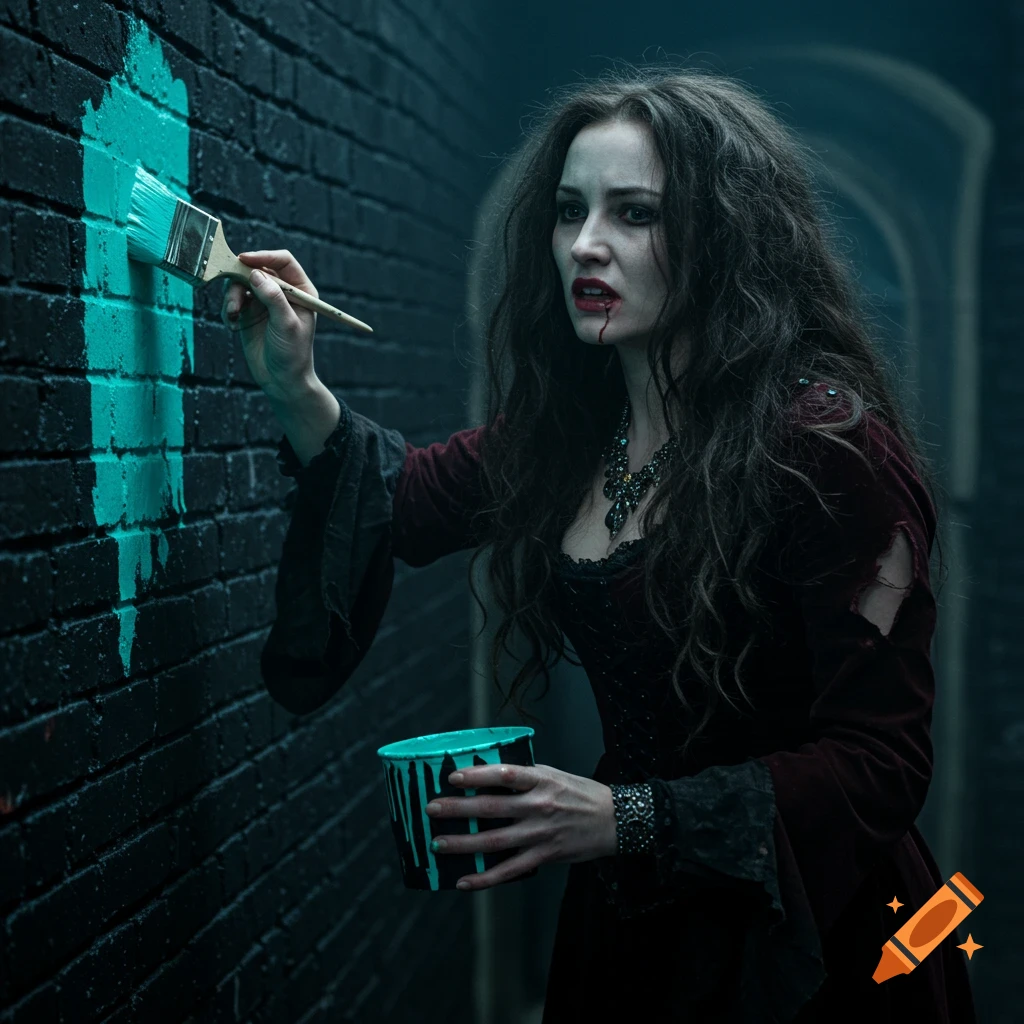 A disheveled woman with blood on her face paints a teal stripe on a brick wall in a dark alley.