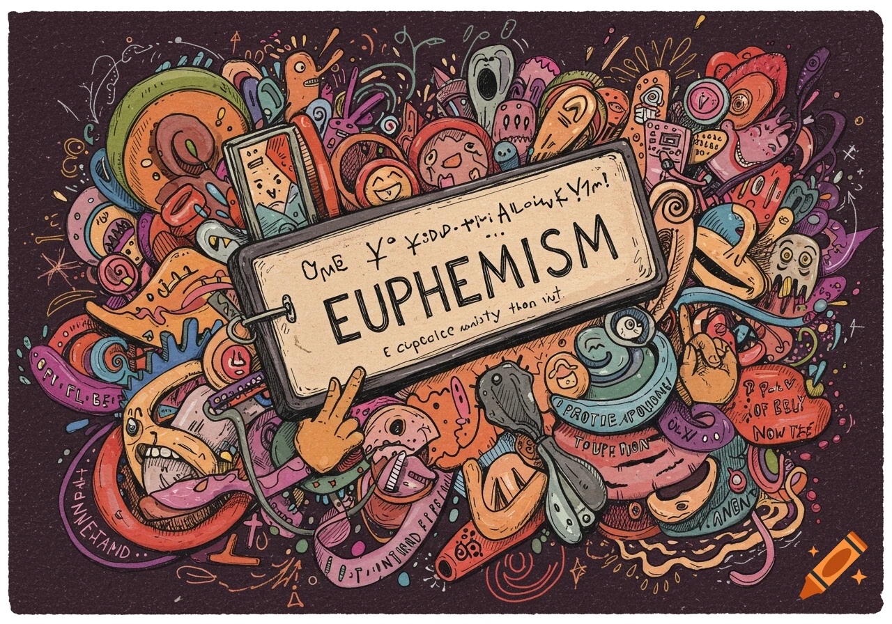 A detailed, colorful doodle illustration with abstract characters, objects, and a tag displaying the word 'EUPHEMISM'.