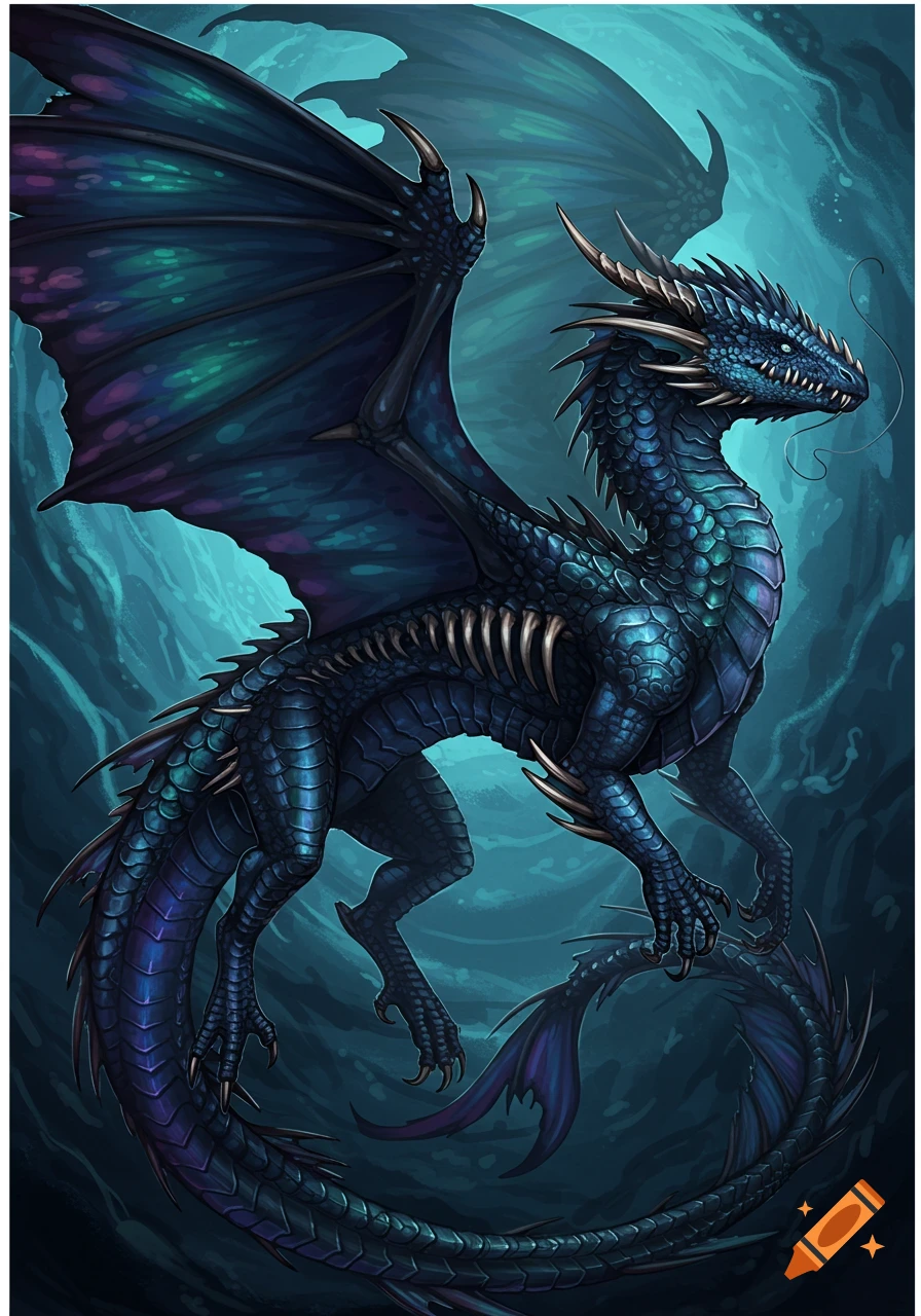 A blue fantasy dragon with scales, fins, and visible ribs stands against a dark background.