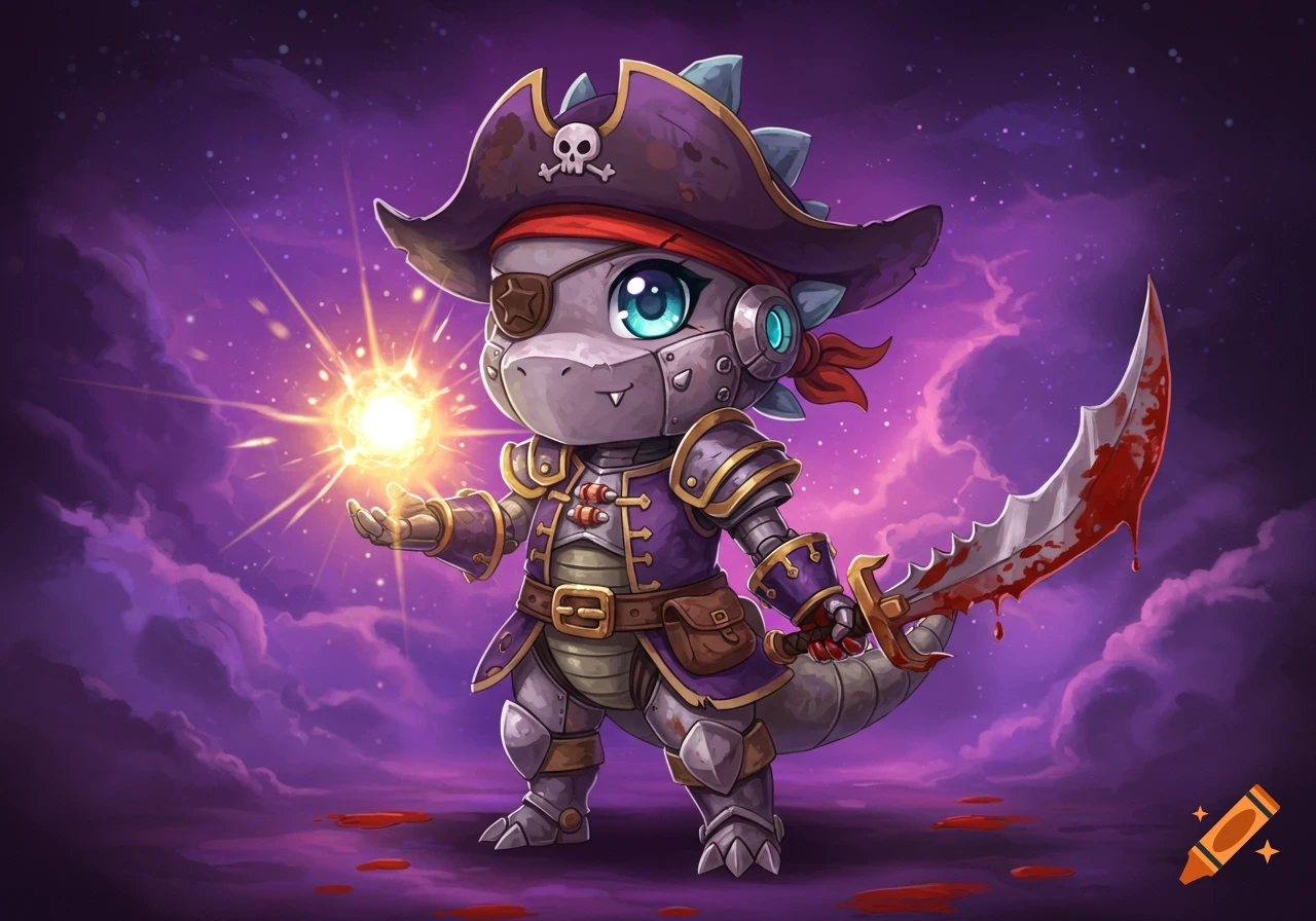 Cute cartoon robot dinosaur pirate wizard holding a glowing orb and bloody sword against a purple nebula background.