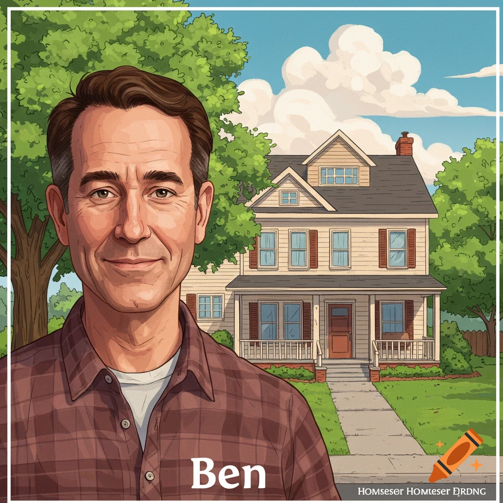 Illustration of a man named Ben smiling in front of a house.