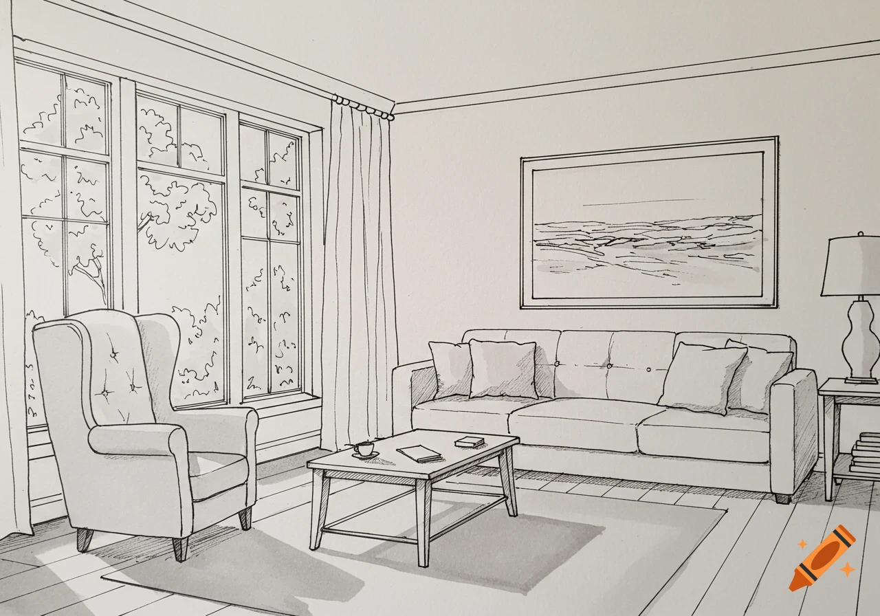 A line drawing of a room interior with a chair, sofa, coffee table, windows, and a painting.