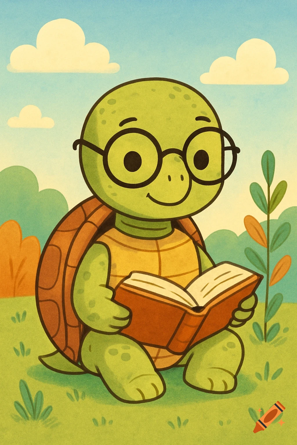 A cute cartoon turtle wearing glasses reads a book in a grassy outdoor scene, in a 2D children's book style.