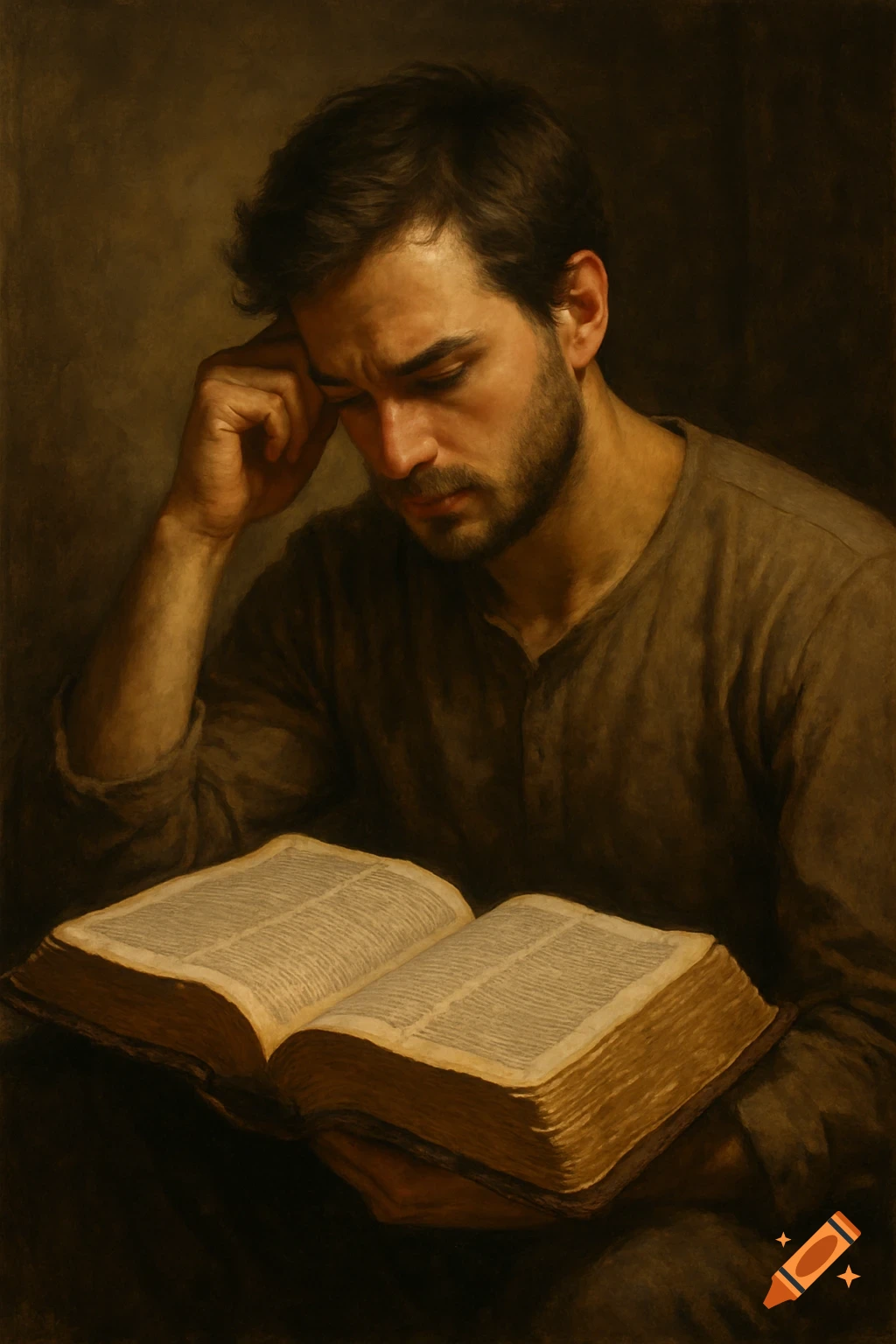 A man intently reading an open book, painted in a dark, classical style.