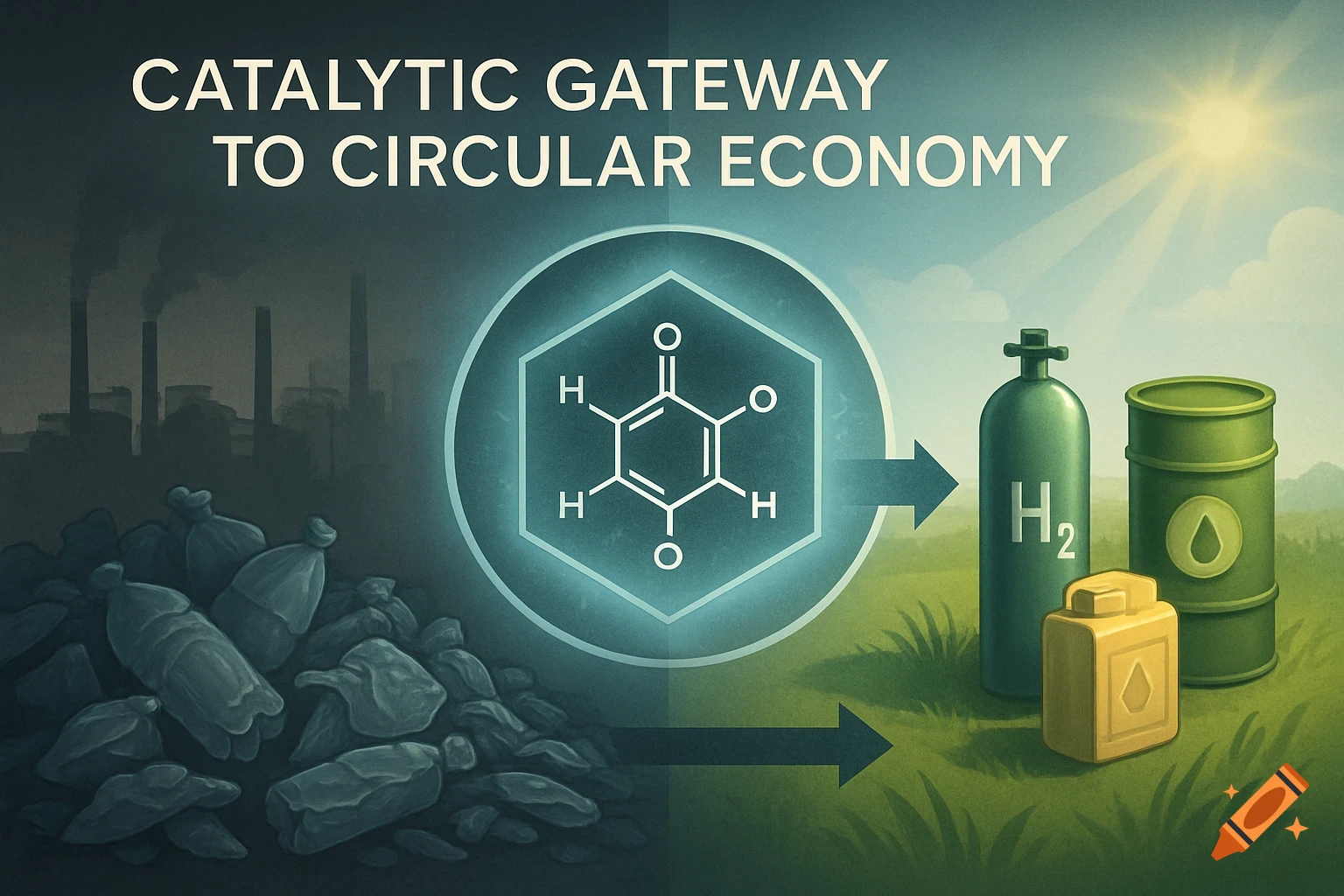 Digital illustration showing industry and waste on the left, transitioning through a glowing molecular structure to clean energy products and nature on the right. Text reads "Catalytic Gateway to Circular Economy".