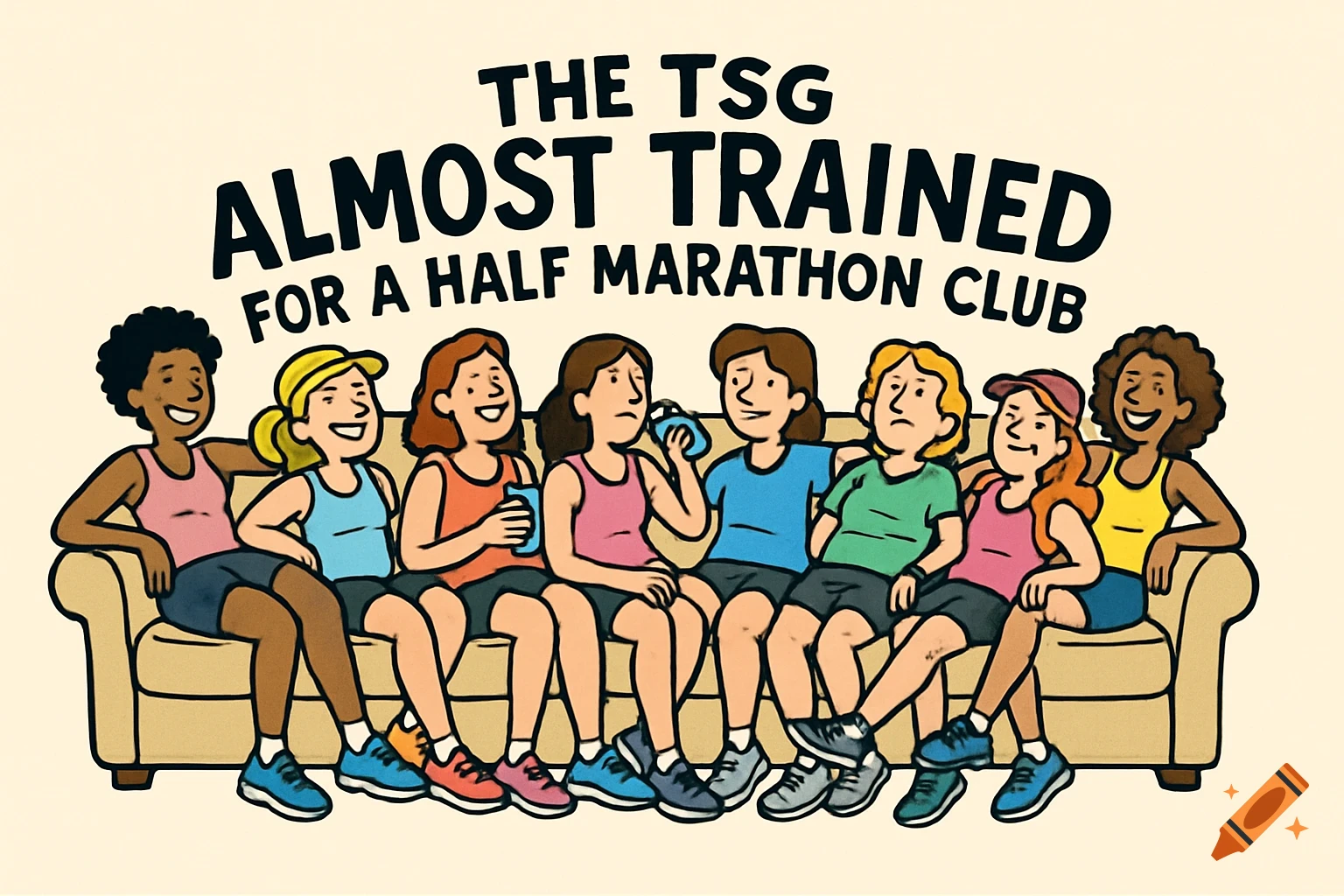 Cartoon of women in running gear relaxing on a couch under the slogan 'The TSG Almost Trained for a Half Marathon Club'.