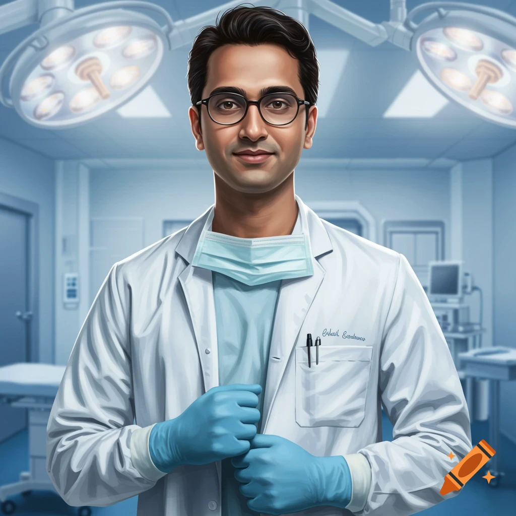 A young South Asian doctor in a white lab coat and surgical gloves standing in an operating room.