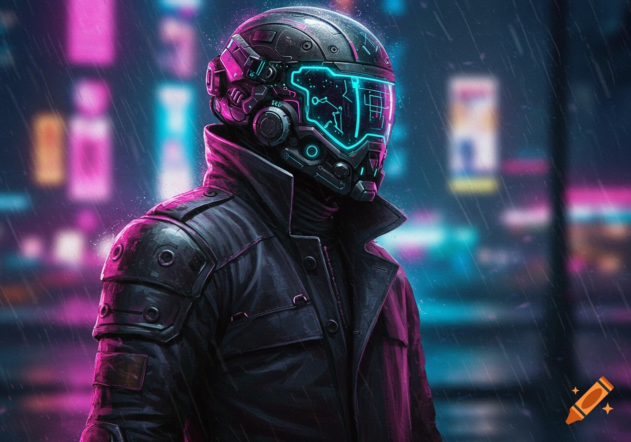 Cyberpunk figure in trenchcoat and helmet in rainy city
