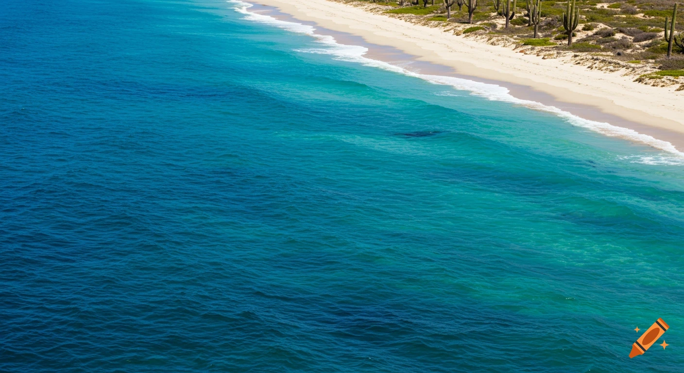 Aerial view of a blue ocean meeting a white sand beach with cactus plants; a dark shape is visible under the water.