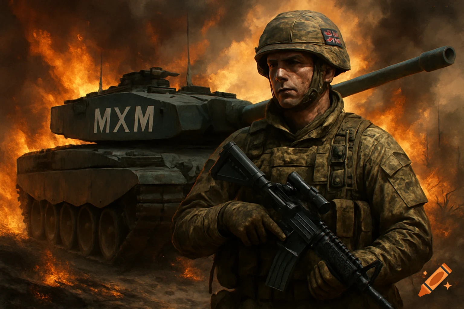 A British soldier stands in front of a tank with "MXM" text, surrounded by fire and smoke.