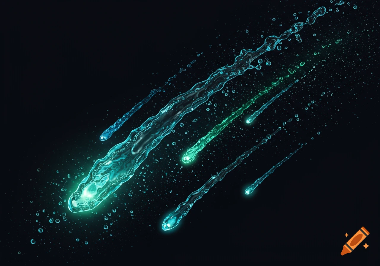 Multiple glowing water streams and droplets resembling shooting stars against a dark background.