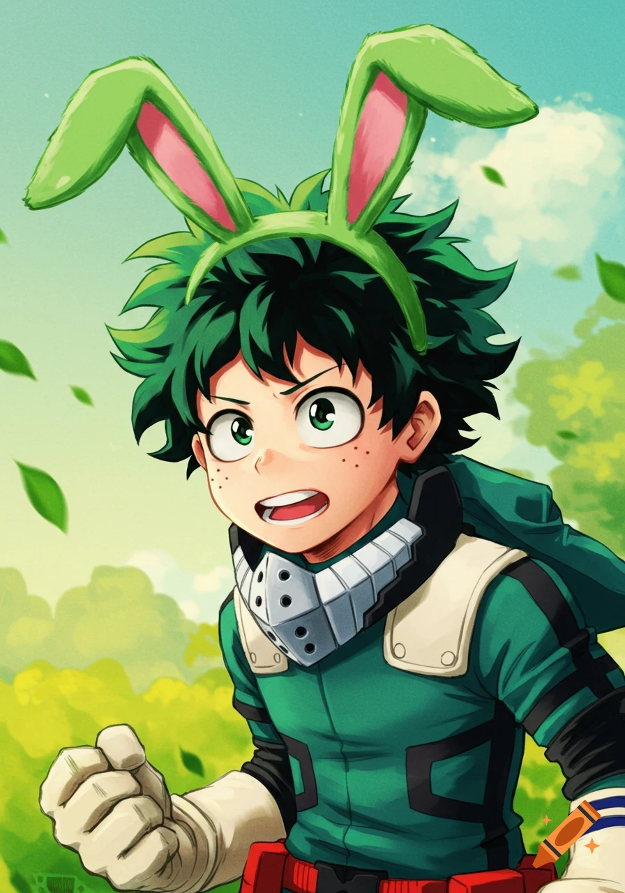 A picture of Izuku Midoriya from My Hero Academia wearing green bunny ears.