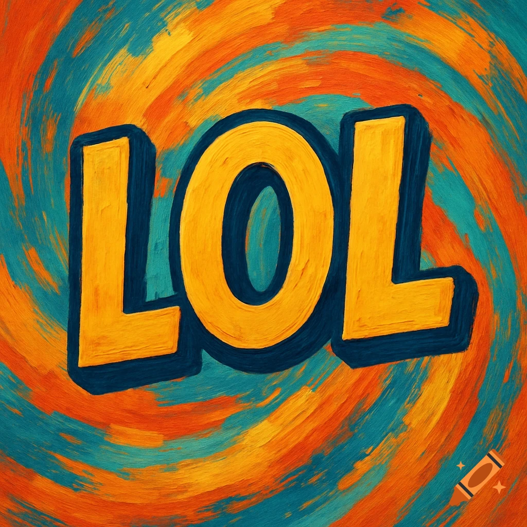 Large yellow letters LOL with blue outline on a swirling orange and blue background.