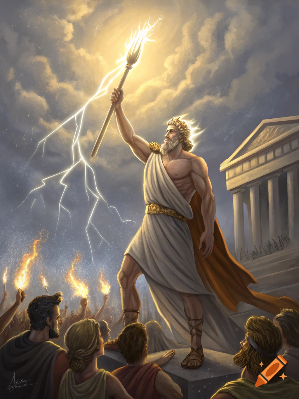 Illustration of a powerful Greek god holding a lightning staff before a crowd and temple.