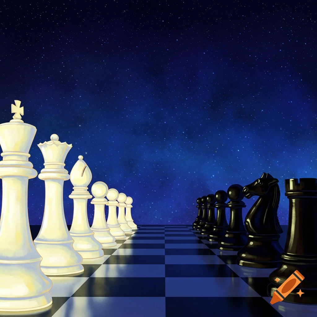 White and black chess pieces lined up on a board under a starry night sky.