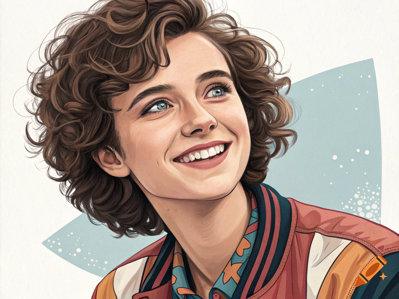 Stylized portrait of a smiling young woman with curly brown hair and blue eyes, wearing a colorful jacket.