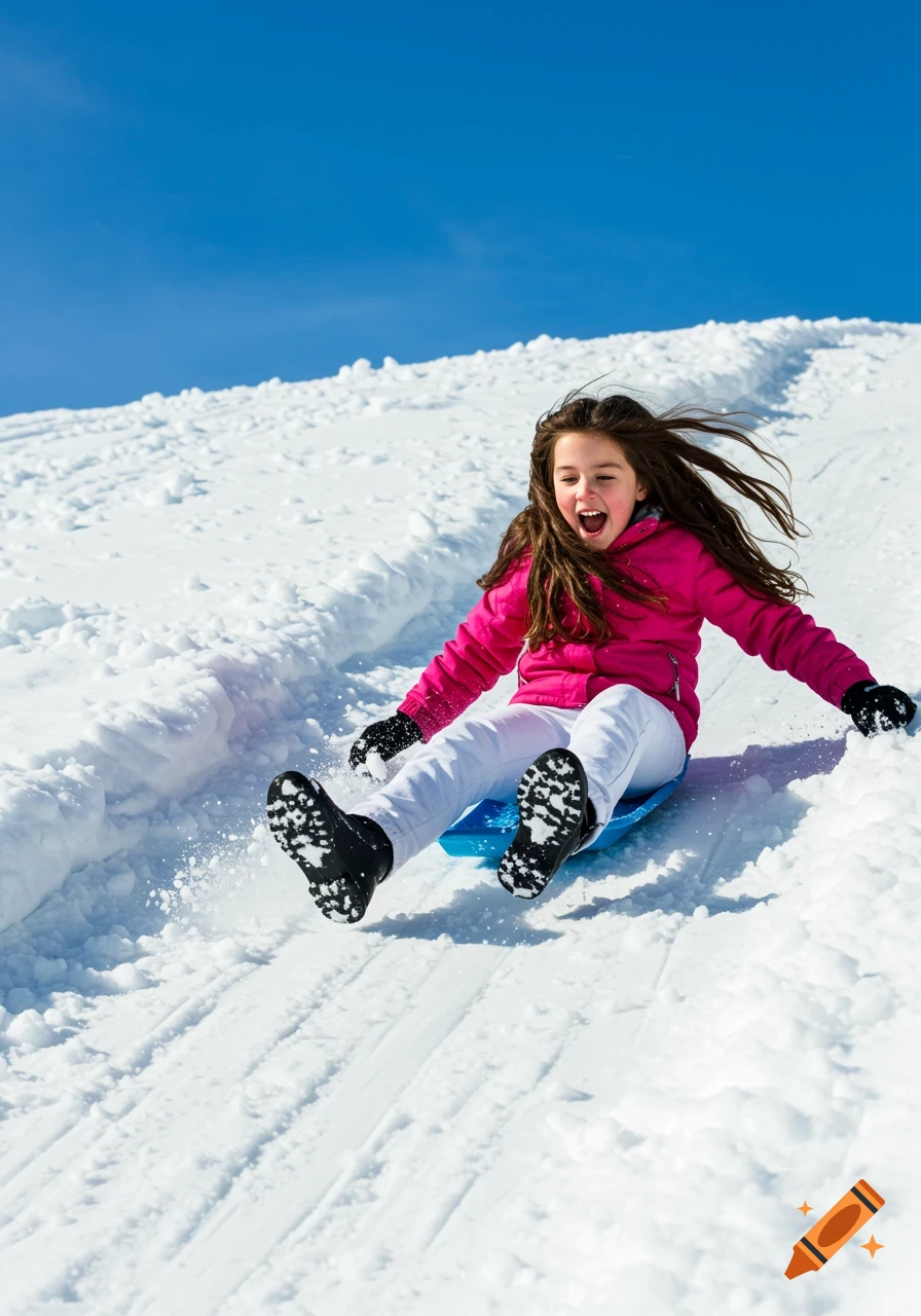 Girl sledding down a snowy hill on a blue sled.