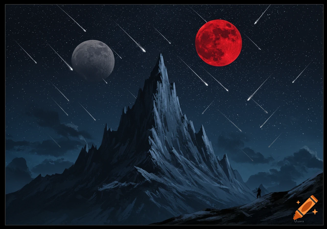 A dark mountain landscape under a starry night sky with grey and red moons and falling stars. A figure stands in the distance.