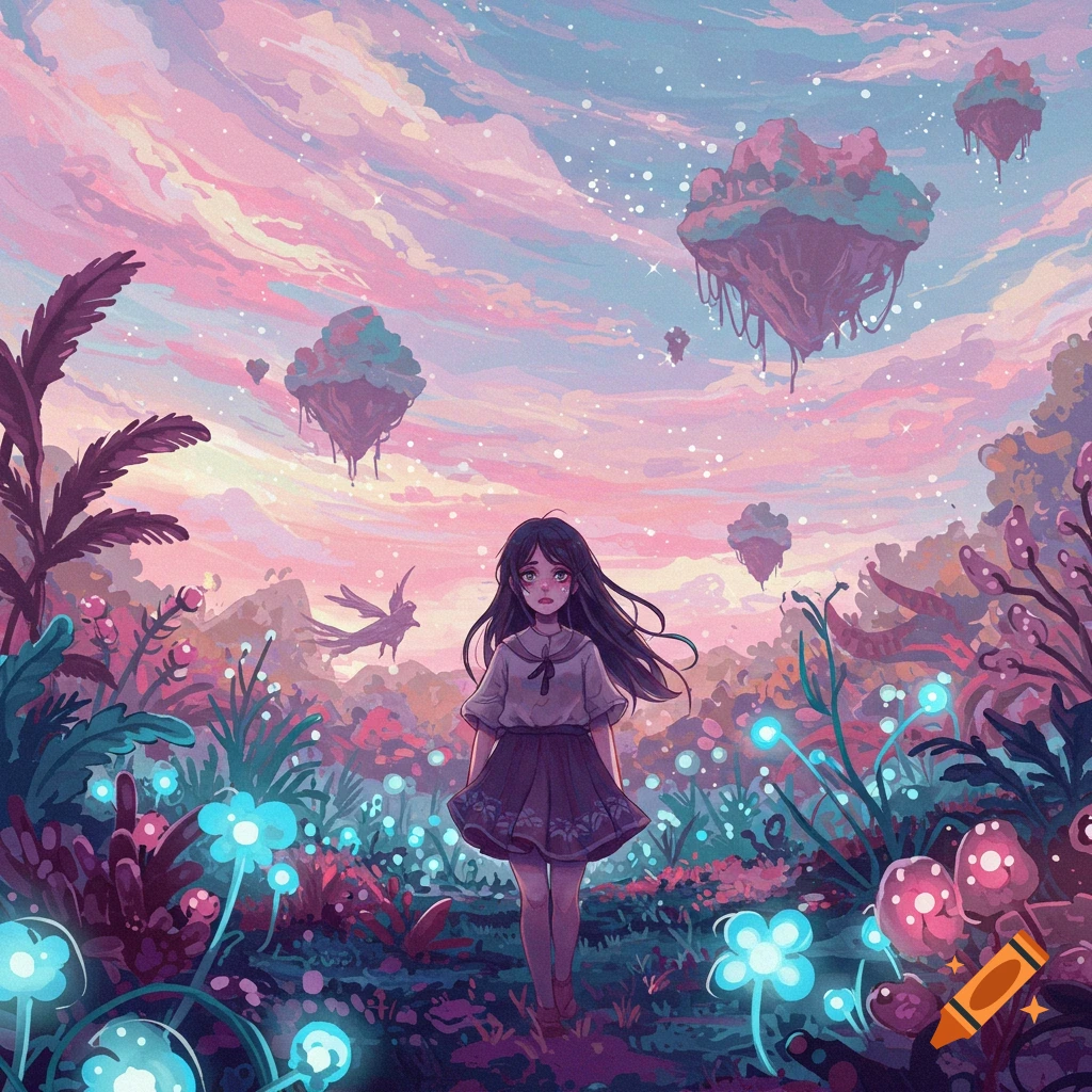 A girl stands in a glowing fantasy landscape with floating islands under a pink and blue sky