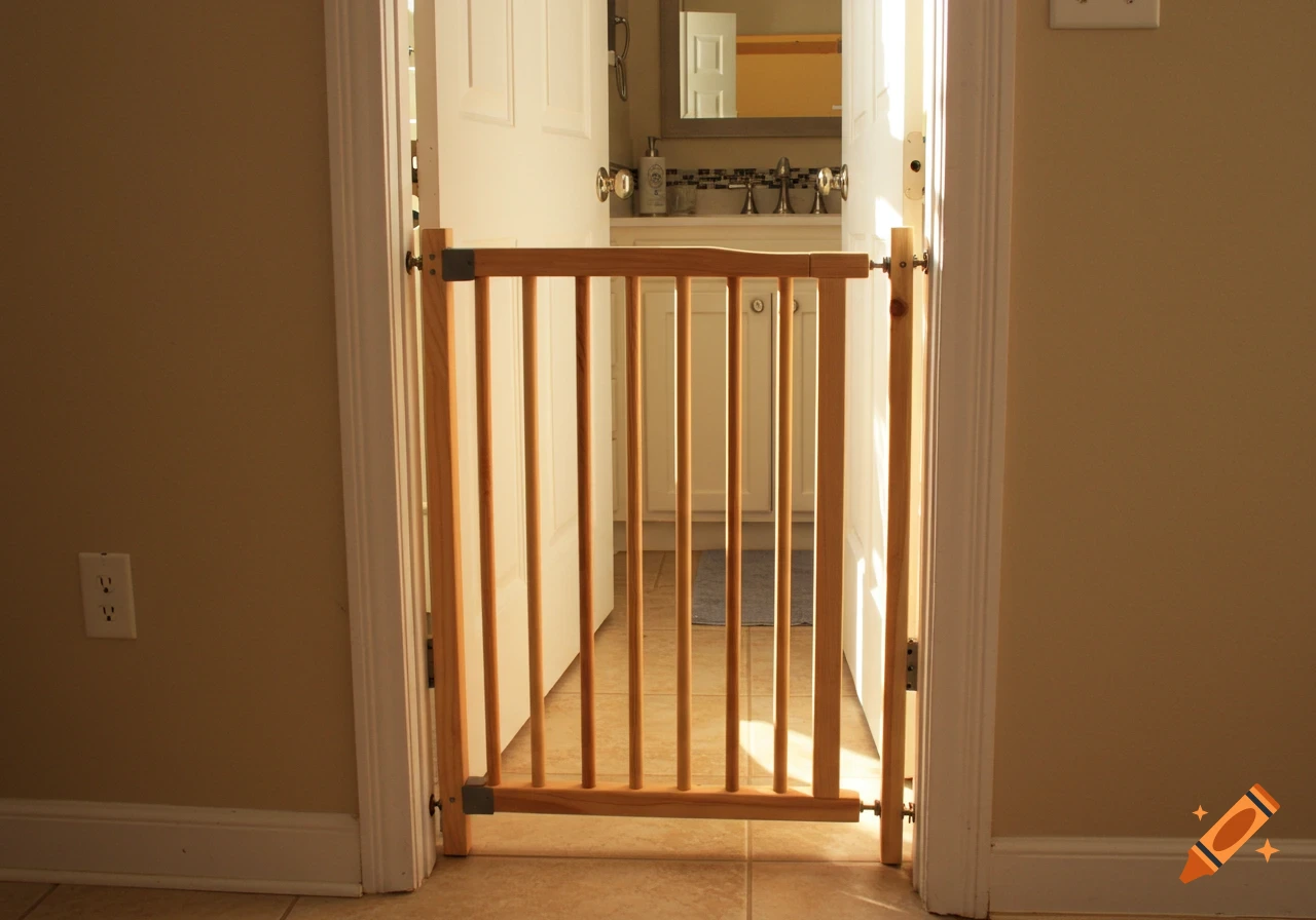 Wooden baby gate in a doorway leading to a bathroom
