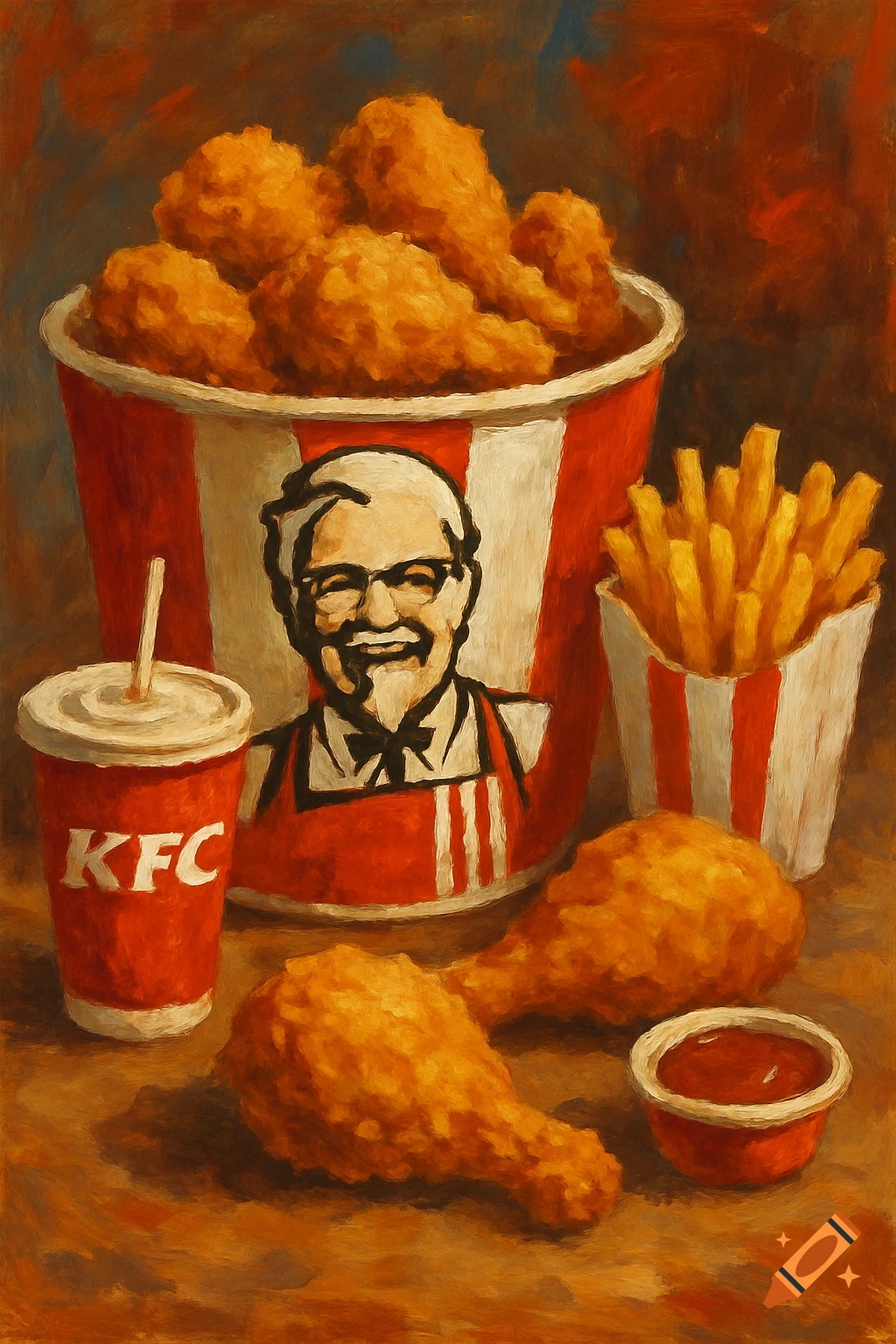A KFC meal featuring a bucket of chicken, fries, drink, and Colonel Sanders' portrait.