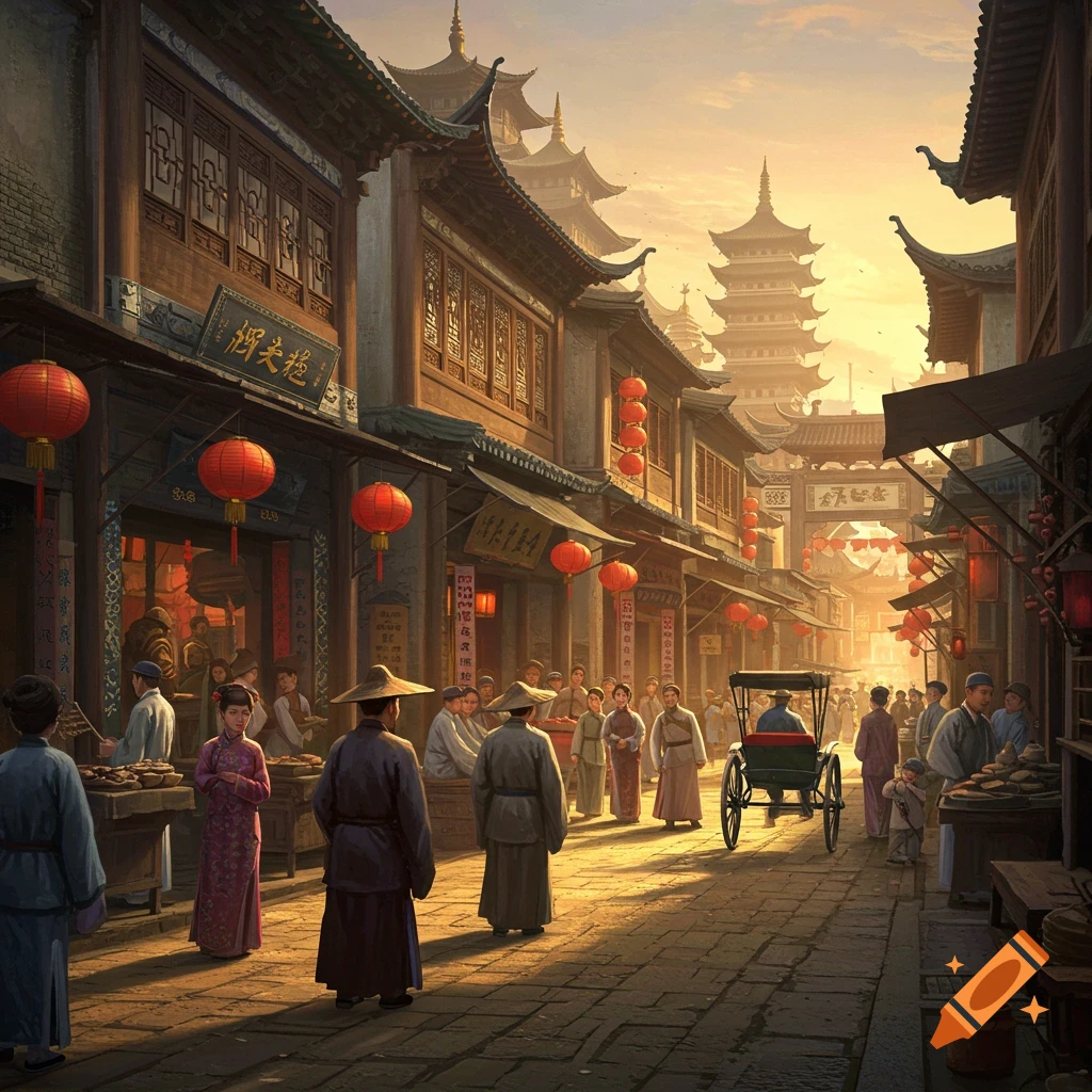 a busy street in historical China with traditional buildings, lanterns, people, and a rickshaw.