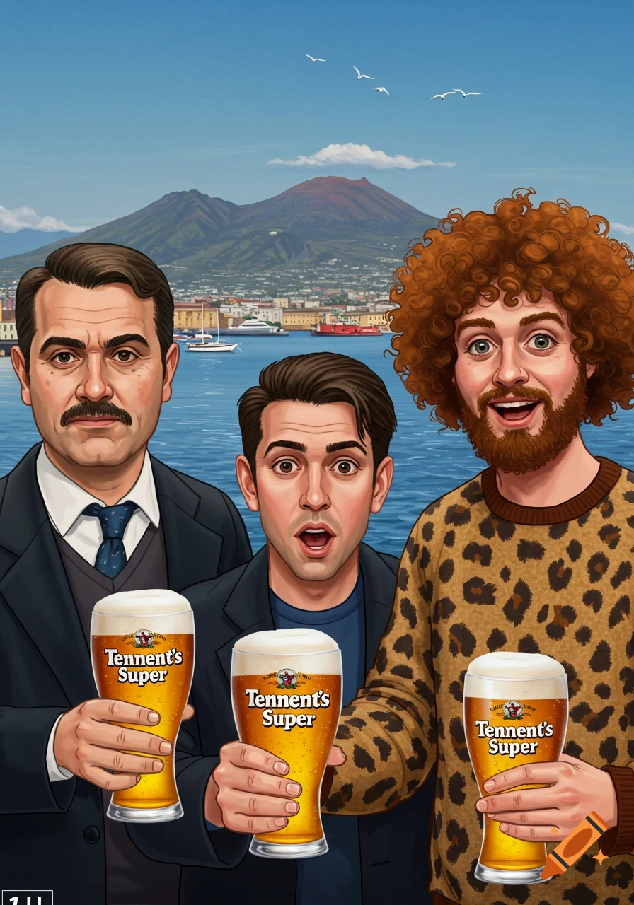 Three men holding beer glasses at the Bay of Naples with Mount Vesuvius in the background.