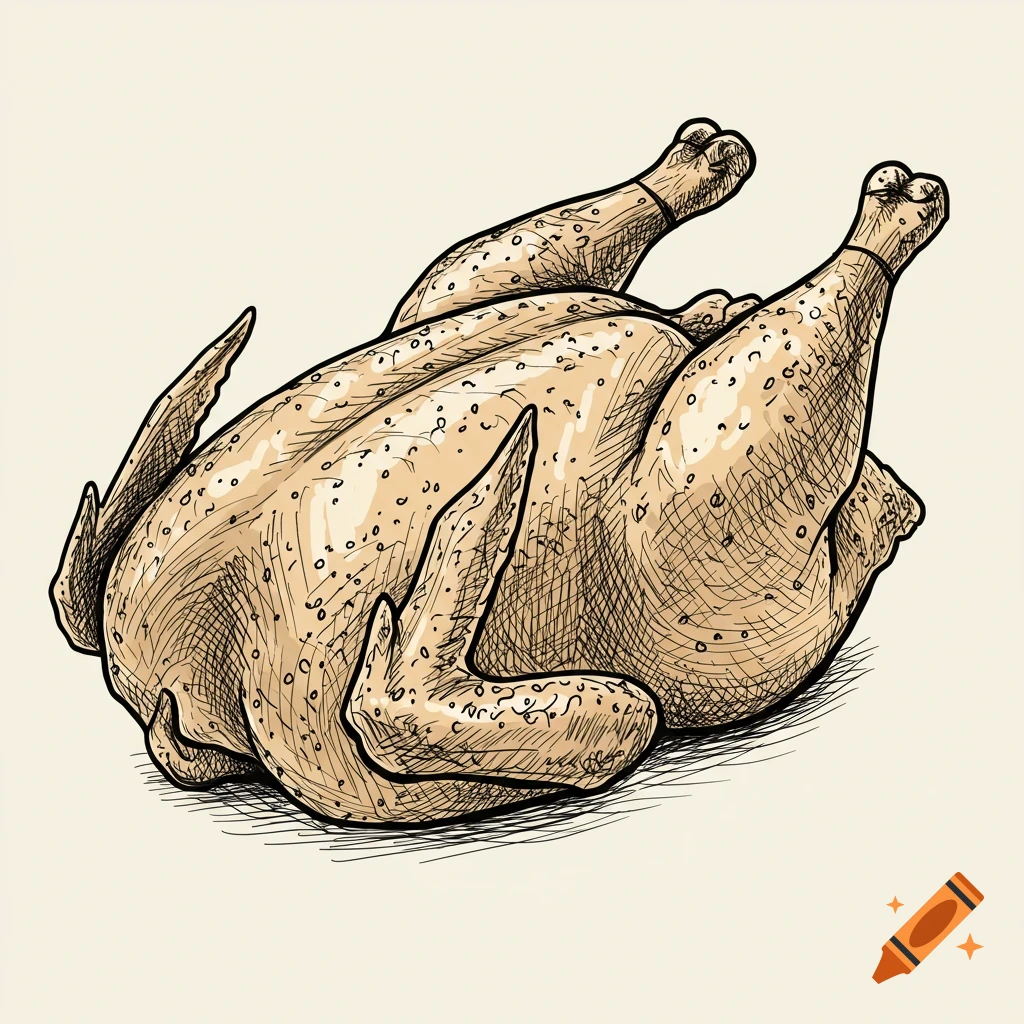 A line drawing illustration of a whole roast chicken.