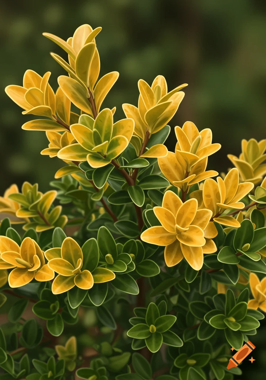 A close-up of a boxwood plant with green and yellow leaves.