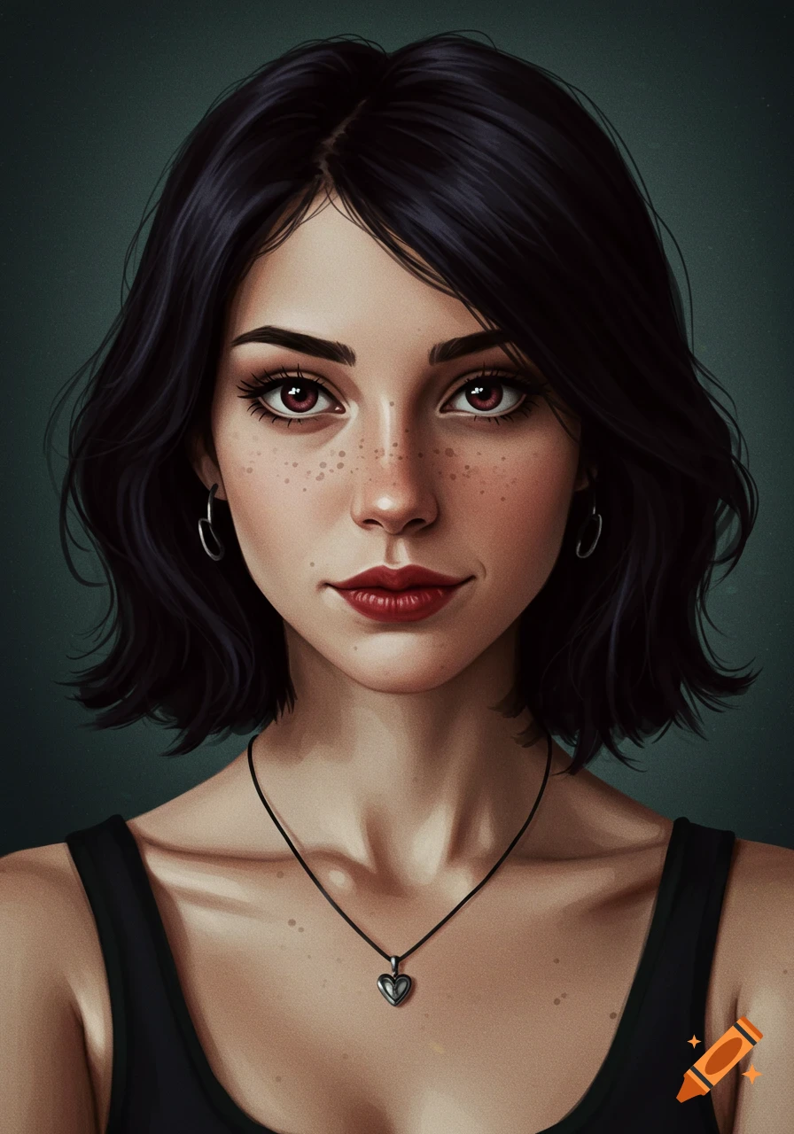 Portrait of a young woman with dark hair and freckles.