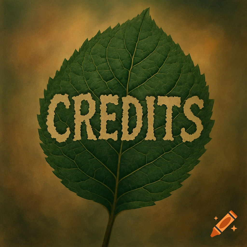The word 'CREDITS' appears chewed through a green leaf.