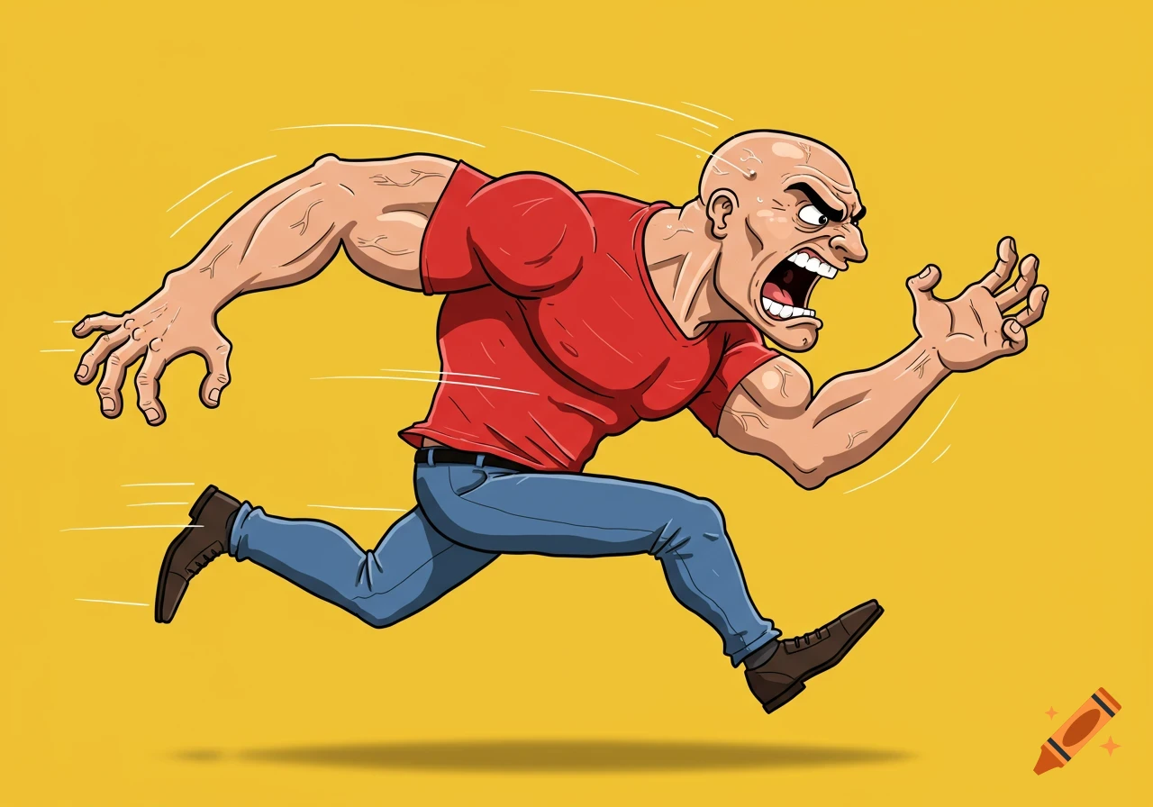 An angry bald cartoon man in a red shirt and blue jeans is running to the left.