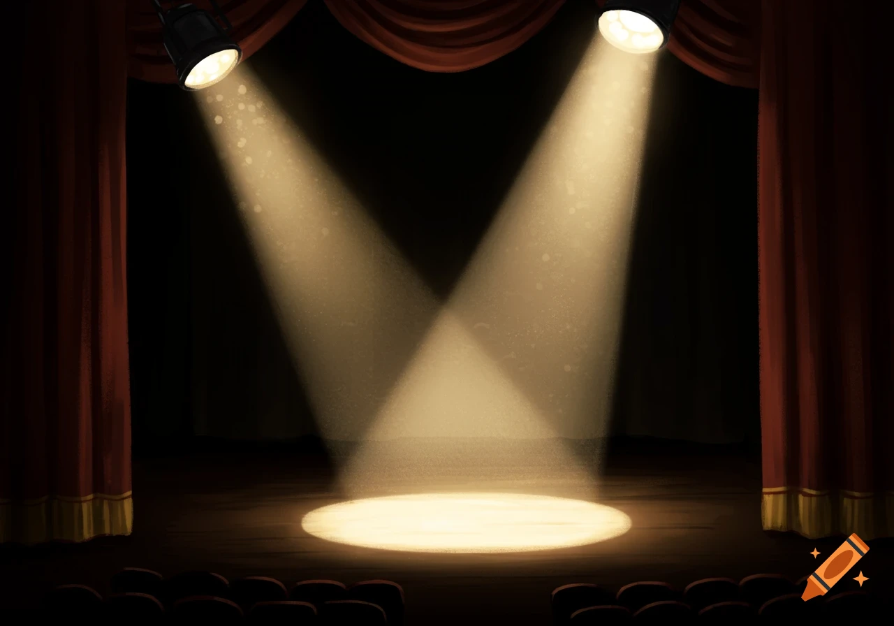 A digital drawing of a stage with two spotlights.