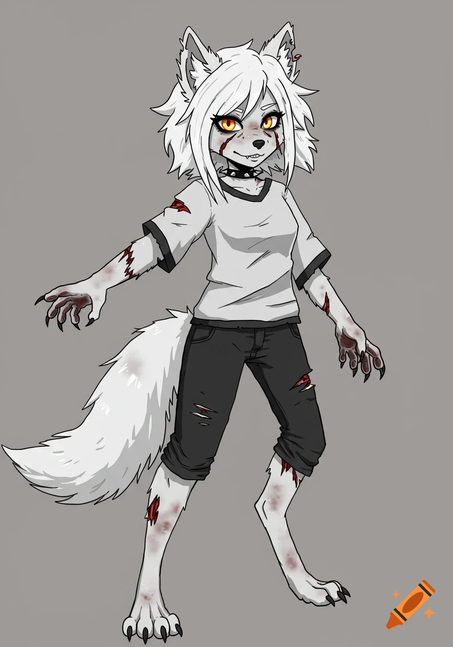 Cartoon furry wolf girl with white fur, orange eyes, and injuries