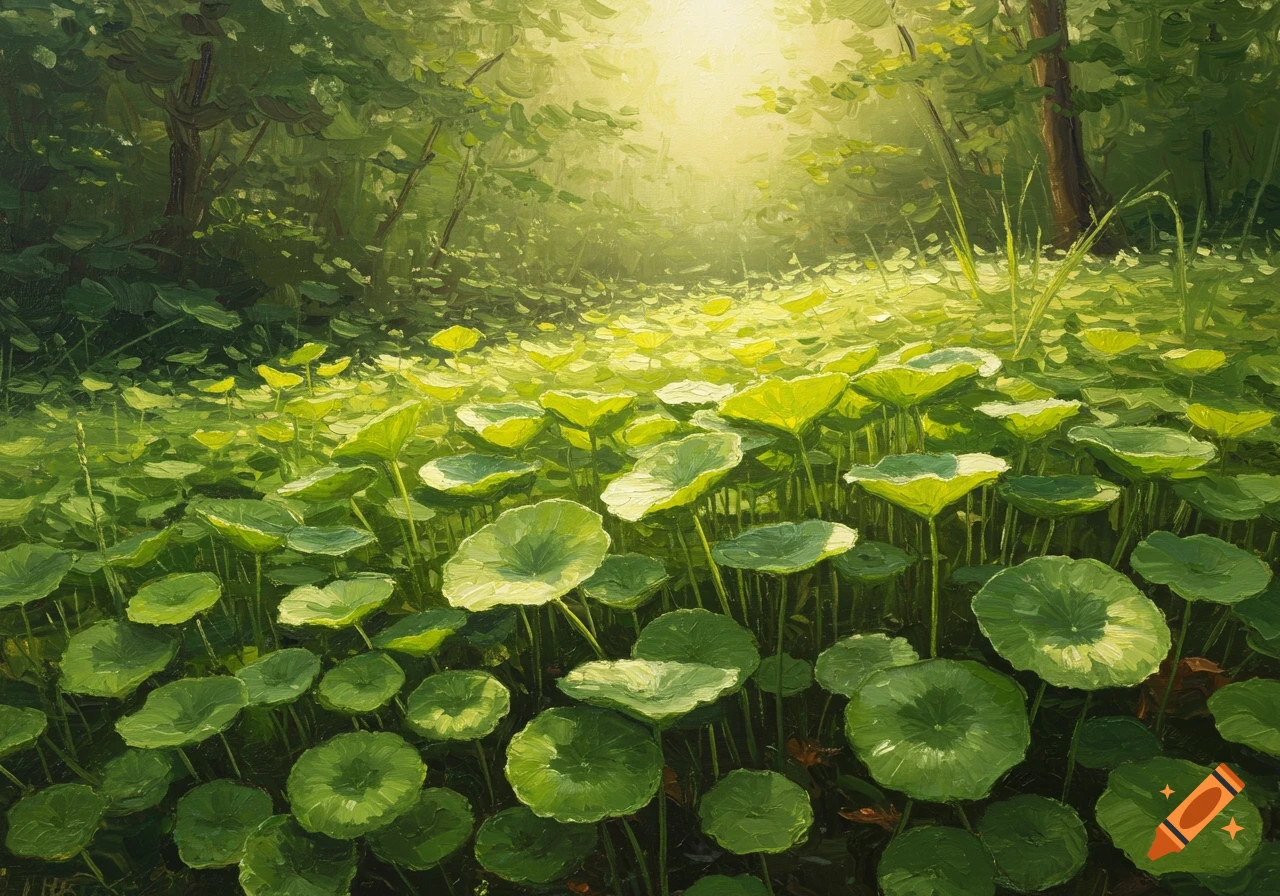 Oil painting of sunlit forest floor covered in round green plants