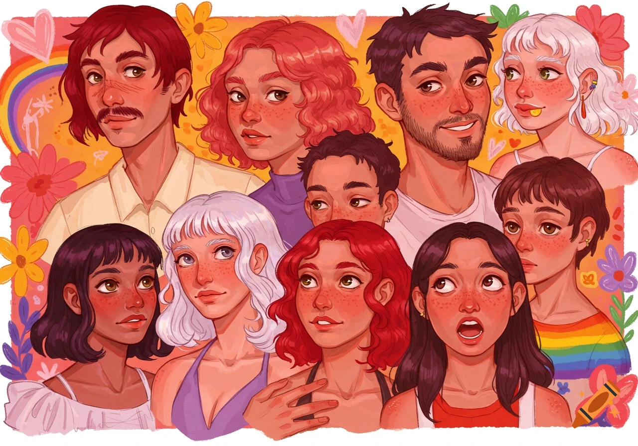 Colorful illustration of a diverse group of people with flowers and a rainbow.