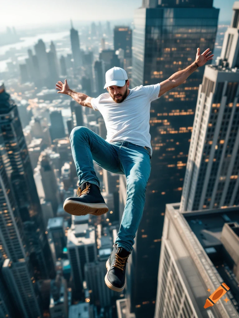 Man in white shirt and blue jeans jumps above a city skyline