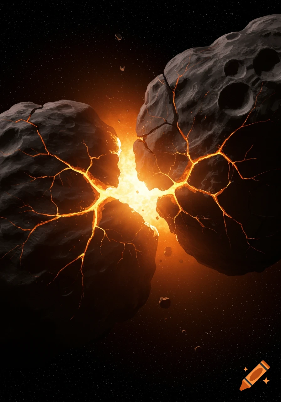 Two asteroids are breaking apart with a bright orange glow in space.