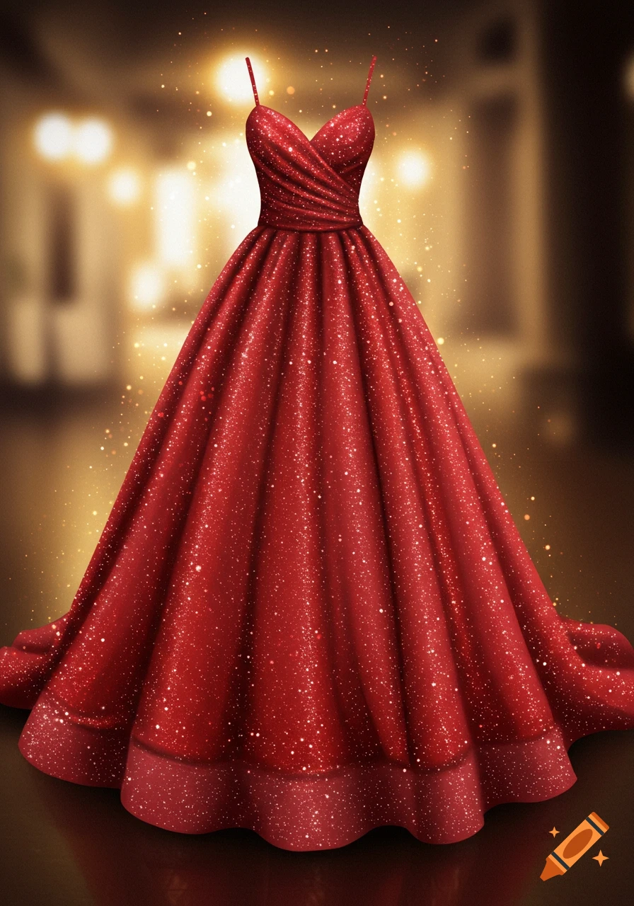 A sparkly red long prom dress against a blurry gold background.