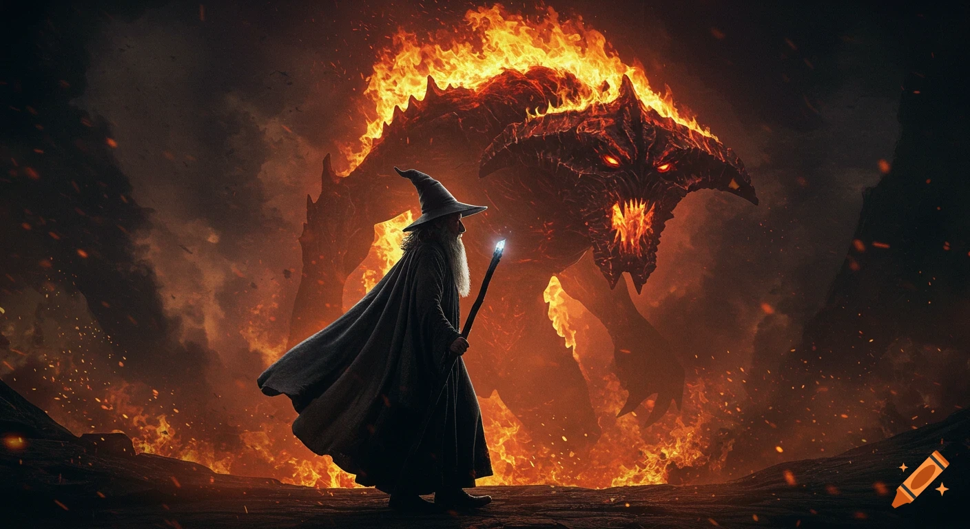 A wizard faces off against a fiery demon.