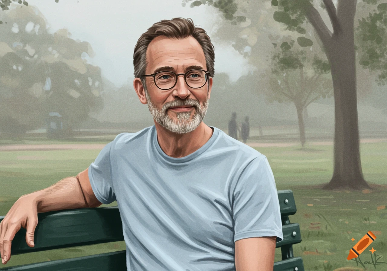 A man with glasses and a beard is sitting on a park bench.