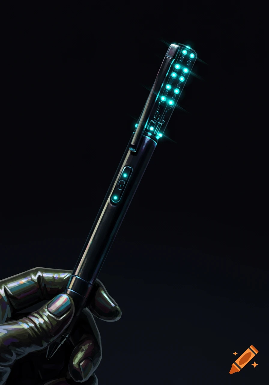 A hand holds a dark futuristic pen with bright blue lights and circuitry, against a black background, digital art.