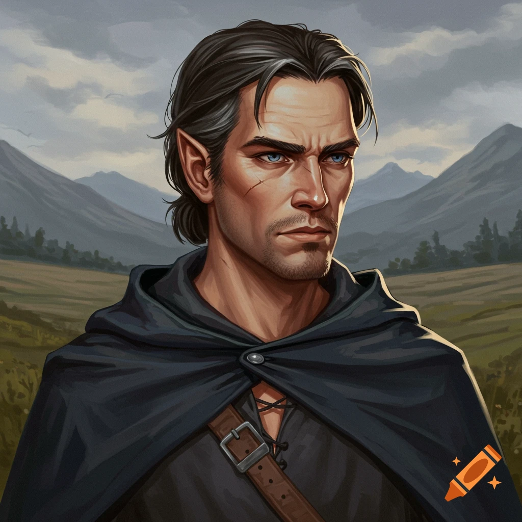 Portrait of a fantasy character with pointy ears and a cloak, in a hilly landscape, illustration.