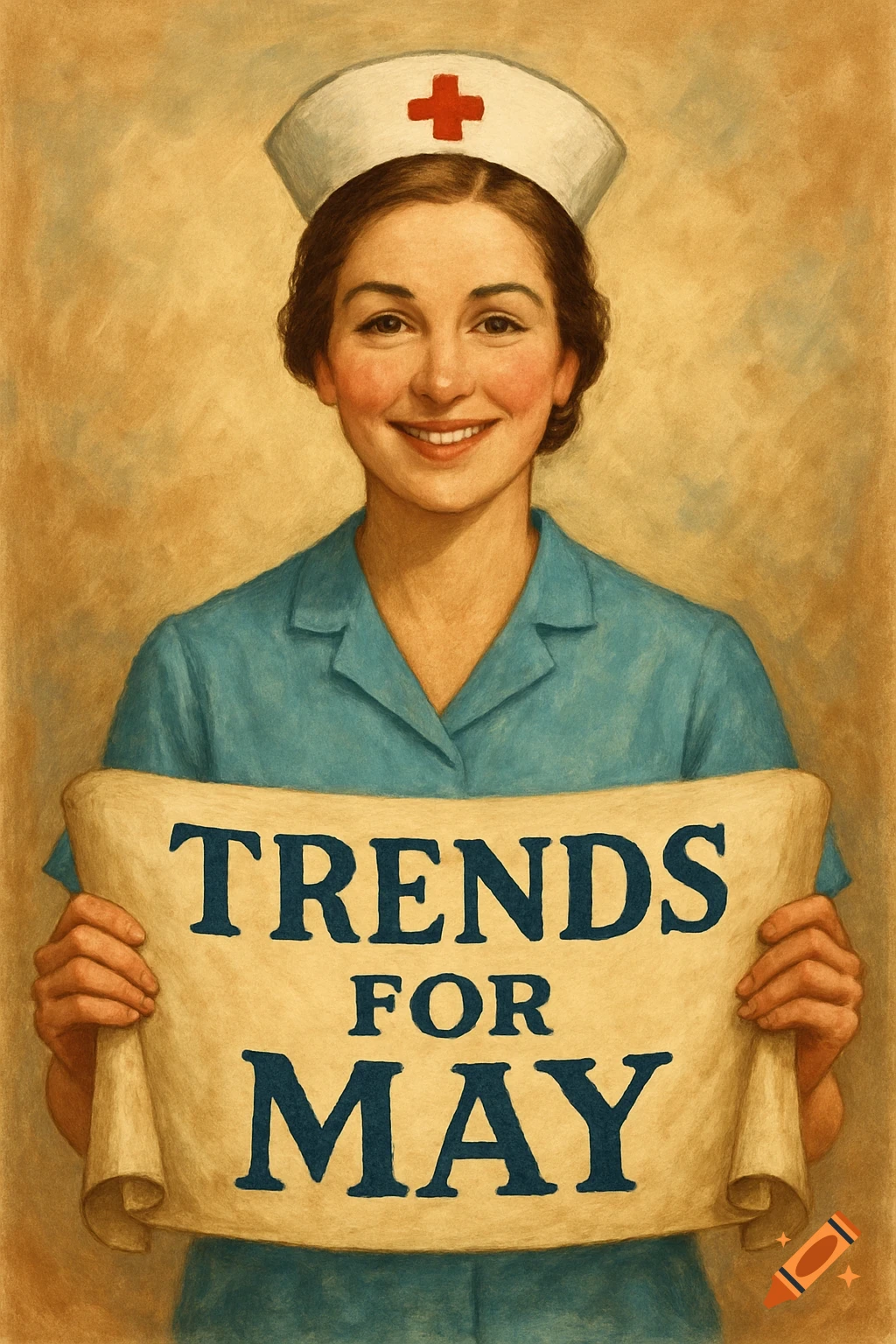 A smiling nurse holding a banner that reads 'Trends for May'.