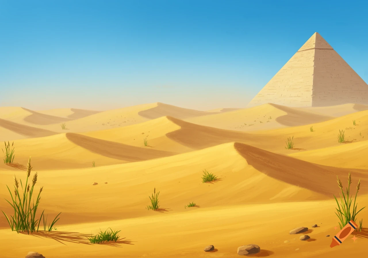 A desert landscape with sand dunes and a pyramid.
